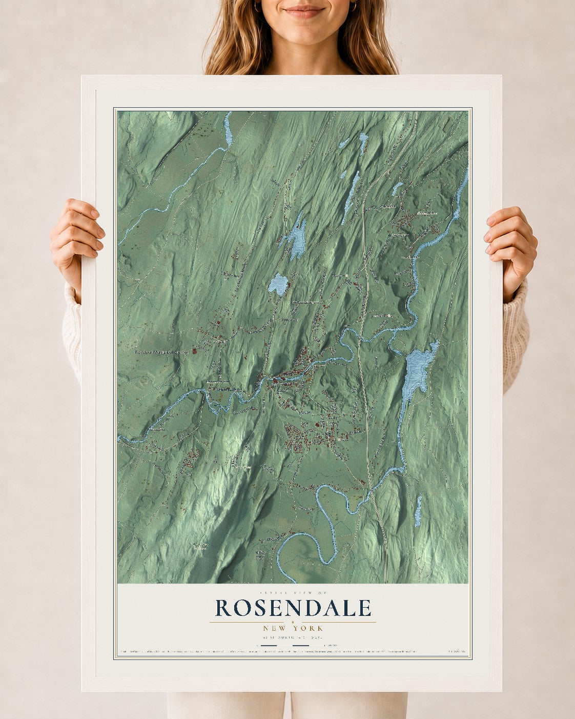 Rosendale, New York map print, 24" x 36" W/ White Ayous Wood Frame mockup