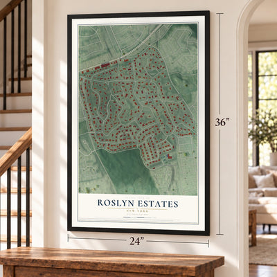 Roslyn Estates, New York map, 24 x 36 inch print in a black frame by a staircase