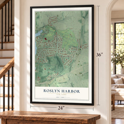 Roslyn Harbor, New York map, 24 x 36 inch print in a black frame by a staircase