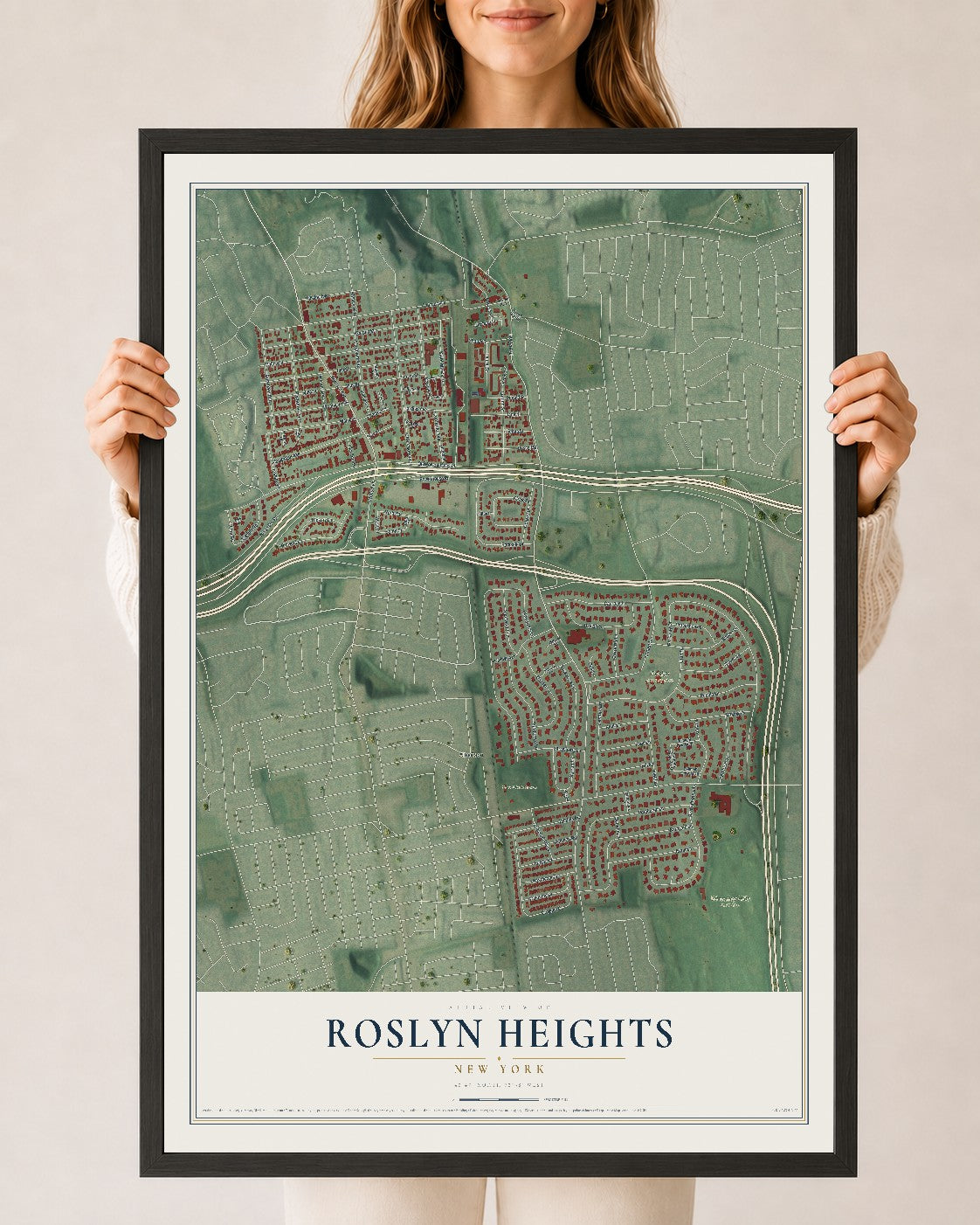 Roslyn Heights, New York map print, 24" x 36" W/ Black Ayous Wood Frame mockup