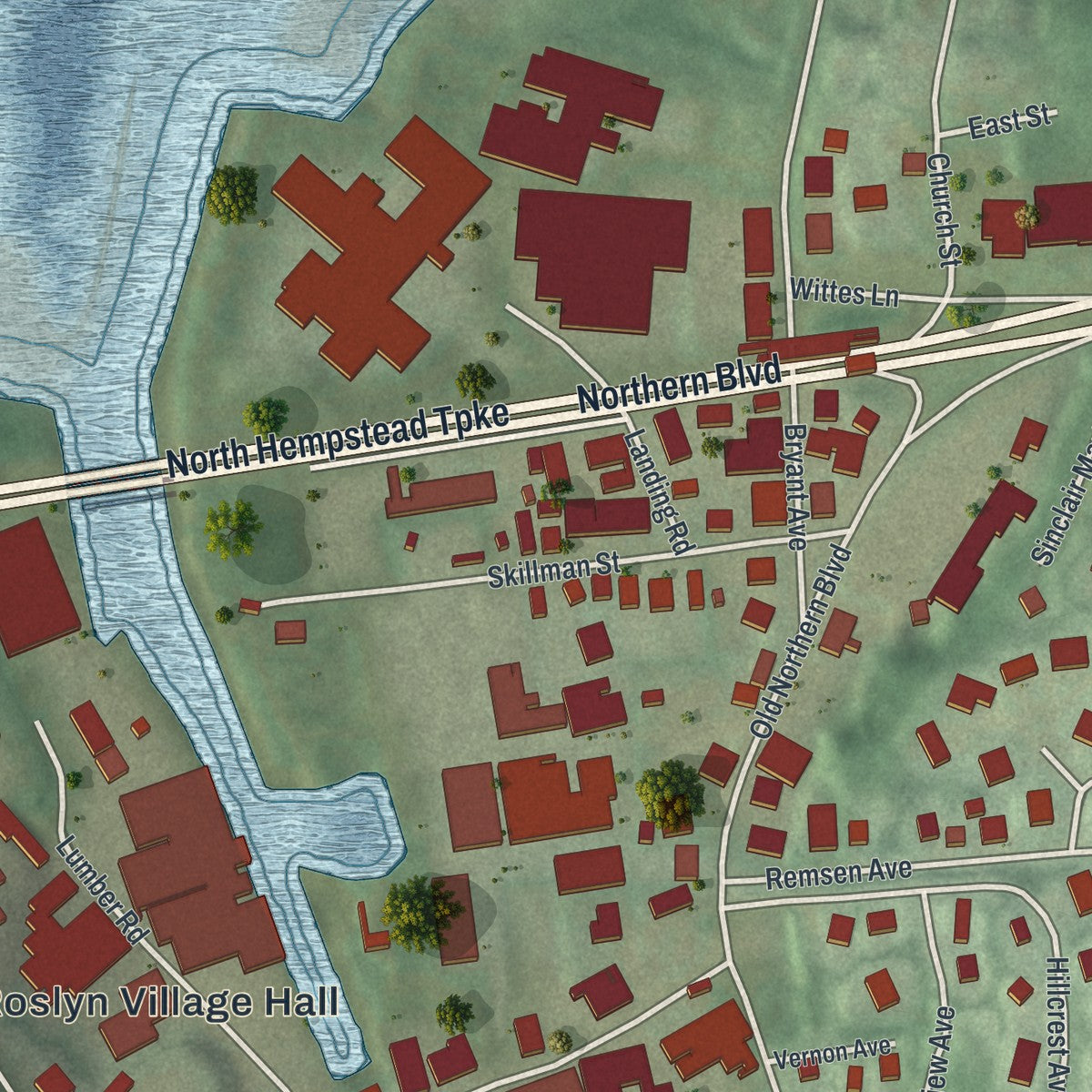 Close-up 1 of the Roslyn, New York map artwork