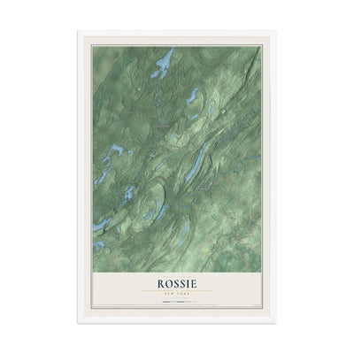 Rossie, New York map print, 12" x 18" W/ White Ayous Wood Frame mockup