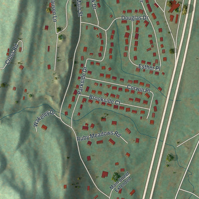 Close-up of the map of Ruby, New York print showing street and building detail