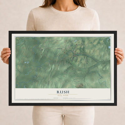 Rush, New York map print, 12" x 18" W/ Black Ayous Wood Frame mockup