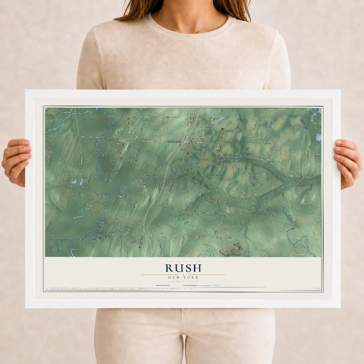 Rush, New York map print, 12" x 18" W/ White Ayous Wood Frame mockup