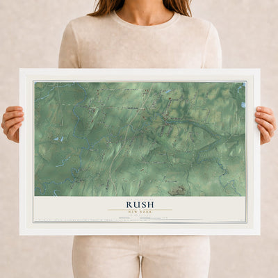 Rush, New York map print, 12" x 18" W/ White Ayous Wood Frame mockup