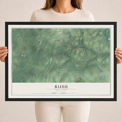 Rush, New York map print, 18" x 24" W/ Black Ayous Wood Frame mockup