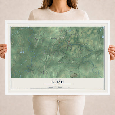 Rush, New York map print, 18" x 24" W/ White Ayous Wood Frame mockup