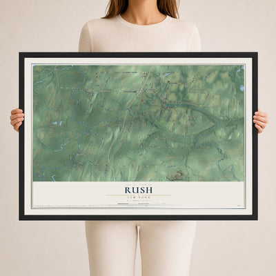 Rush, New York map print, 24" x 36" W/ Black Ayous Wood Frame mockup