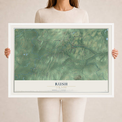 Rush, New York map print, 24" x 36" W/ White Ayous Wood Frame mockup