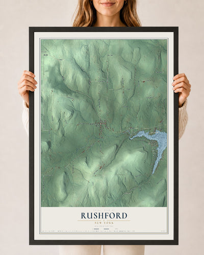 Rushford, New York map print, 24" x 36" W/ Black Ayous Wood Frame mockup