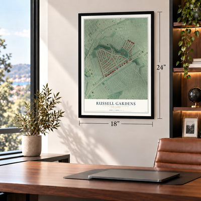 Russell Gardens, New York map, 18 x 24 inch print in a black frame in a home office