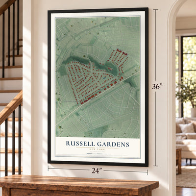 Russell Gardens, New York map, 24 x 36 inch print in a black frame by a staircase