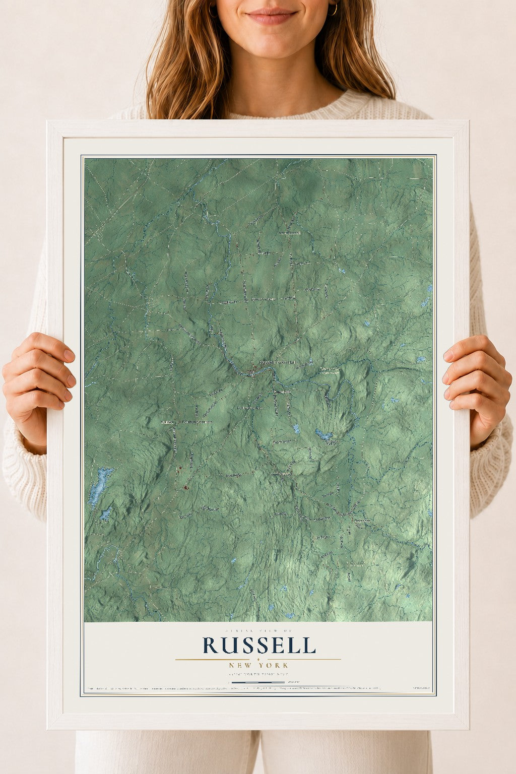 Russell, New York map print, 18" x 24" W/ White Ayous Wood Frame mockup