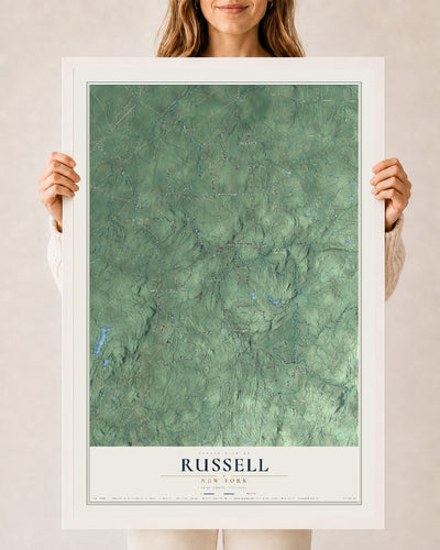 Russell, New York map print, 24" x 36" W/ White Ayous Wood Frame mockup
