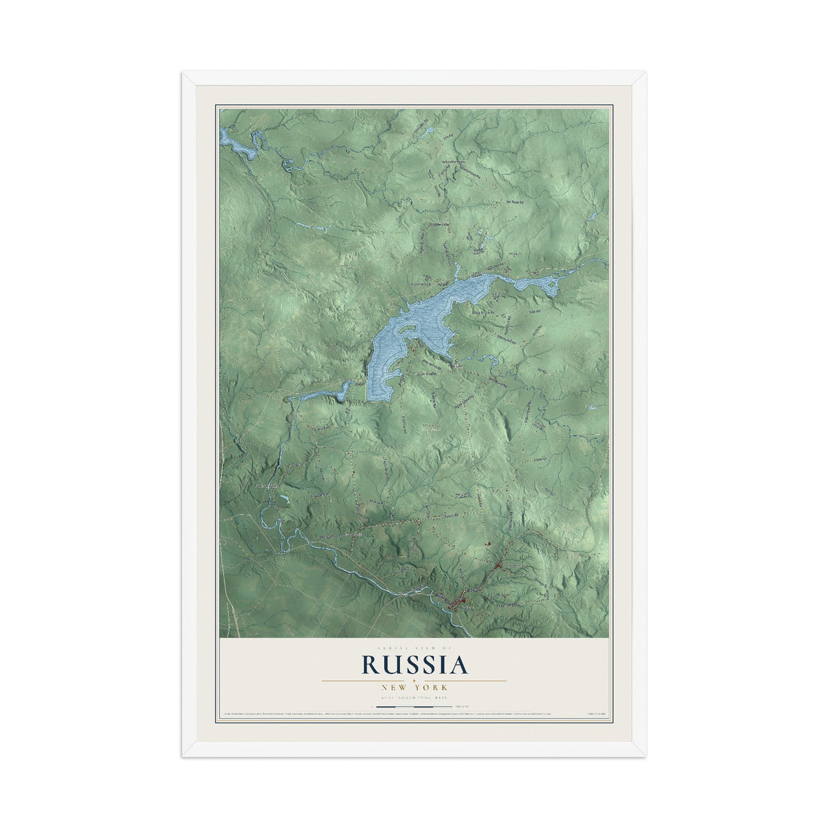 Russia, New York map print, 12" x 18" W/ White Ayous Wood Frame mockup