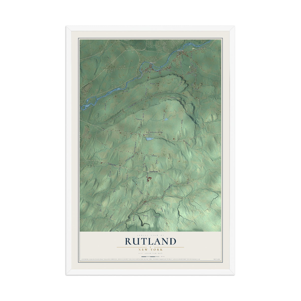 Rutland, New York map print, 12" x 18" W/ White Ayous Wood Frame mockup