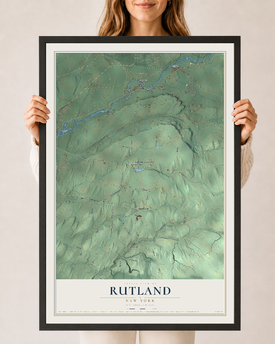 Rutland, New York map print, 24" x 36" W/ Black Ayous Wood Frame mockup