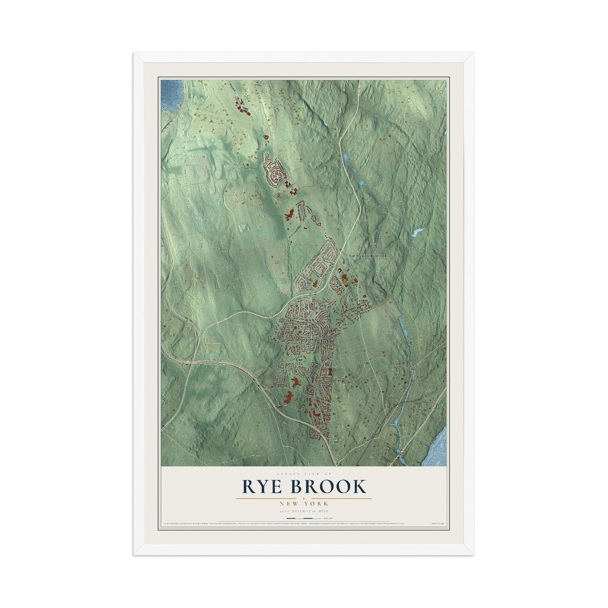 Rye Brook, New York map print, 12" x 18" W/ White Ayous Wood Frame mockup