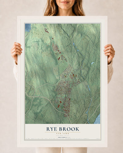 Rye Brook, New York map print, 24" x 36" W/ White Ayous Wood Frame mockup