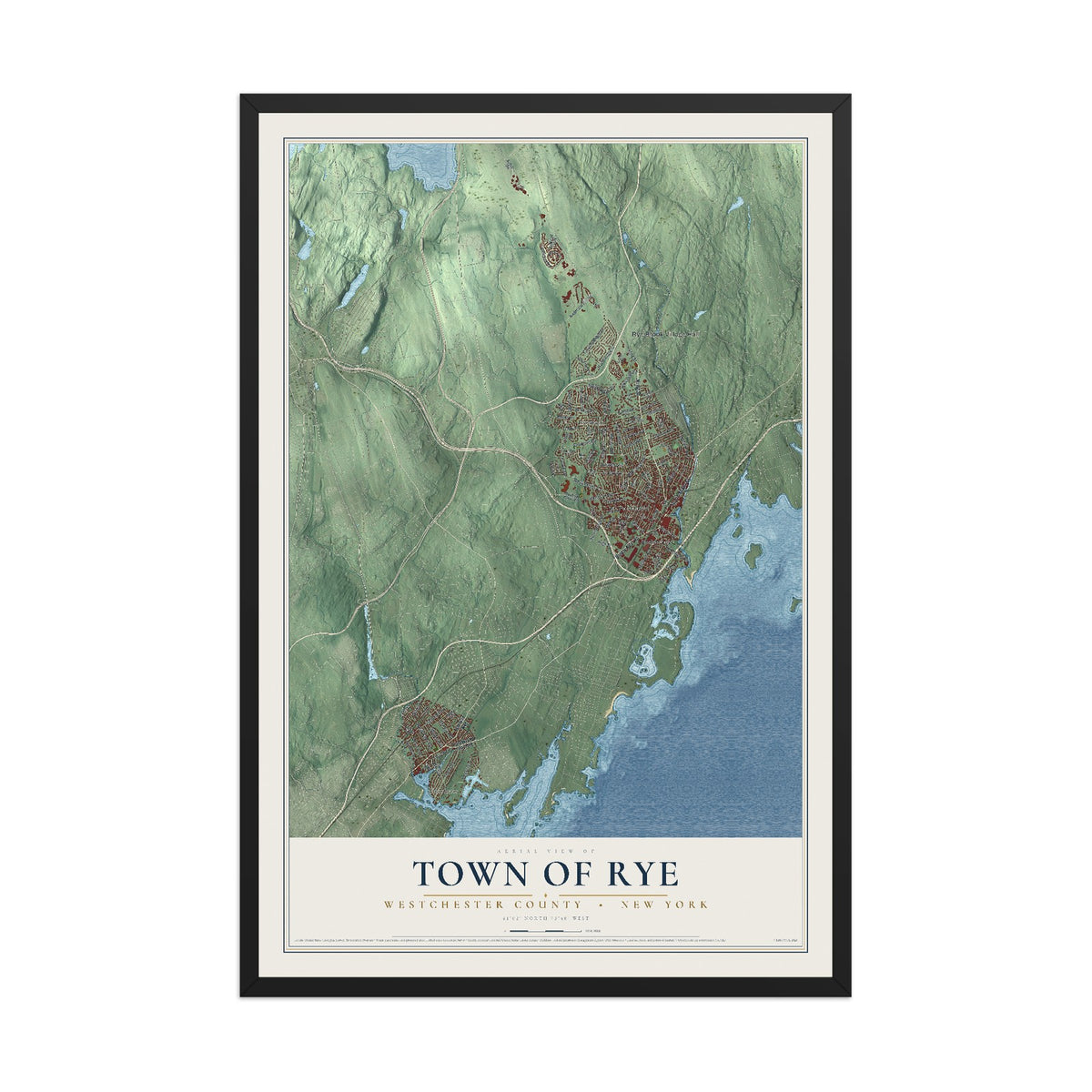 Rye, New York map print, 12" x 18" W/ Black Ayous Wood Frame mockup