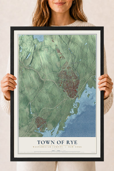 Rye, New York map print, 18" x 24" W/ Black Ayous Wood Frame mockup
