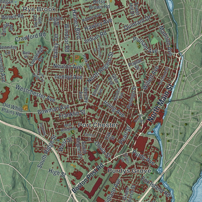 Close-up of the map of the Town of Rye, Westchester County, New York print showing street and building detail