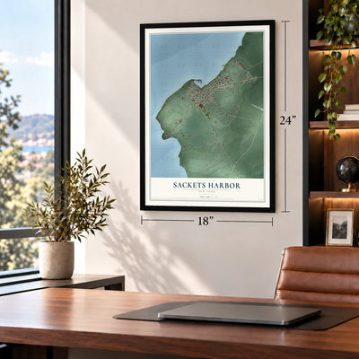 Sackets Harbor, New York map, 18 x 24 inch print in a black frame in a home office