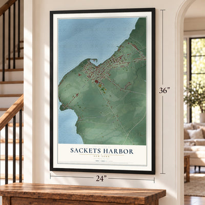 Sackets Harbor, New York map, 24 x 36 inch print in a black frame by a staircase