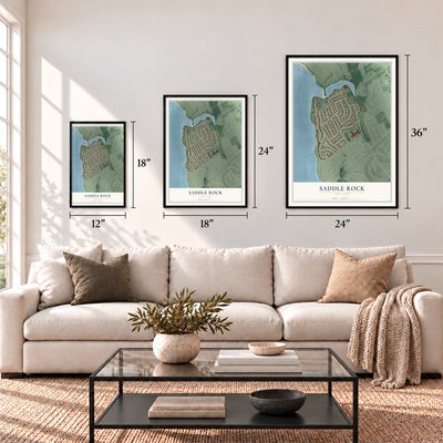 Saddle Rock, New York map in 12 x 18, 18 x 24 and 24 x 36 inch sizes above a sofa