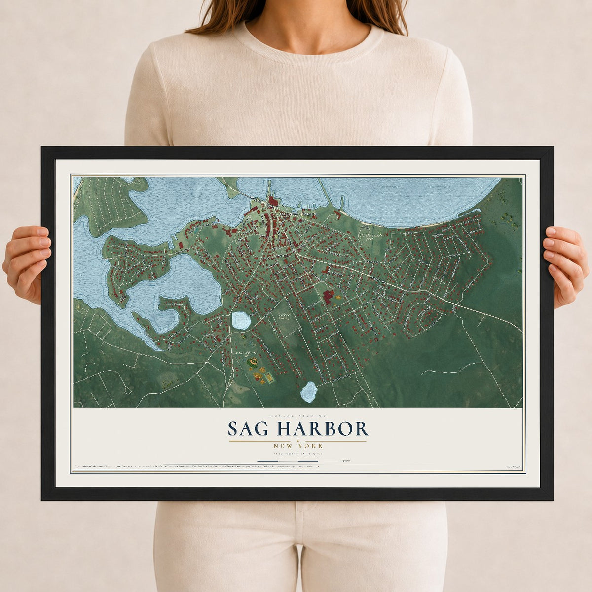 Sag Harbor, New York map print, 12" x 18" W/ Black Ayous Wood Frame mockup
