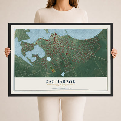 Sag Harbor, New York map print, 24" x 36" W/ Black Ayous Wood Frame mockup