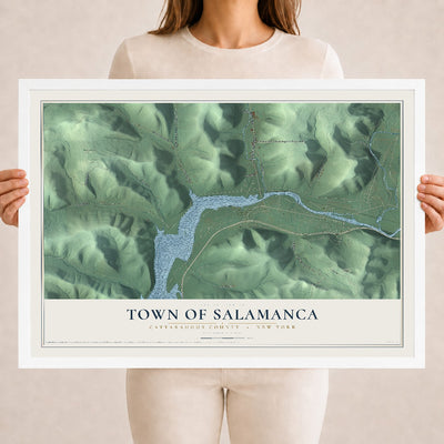 Salamanca, New York map print, 18" x 24" W/ White Ayous Wood Frame mockup