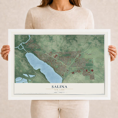 Salina, New York map print, 12" x 18" W/ White Ayous Wood Frame mockup