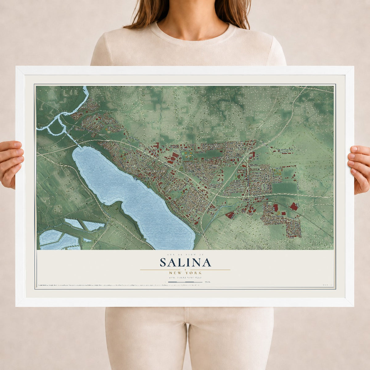 Salina, New York map print, 18" x 24" W/ White Ayous Wood Frame mockup