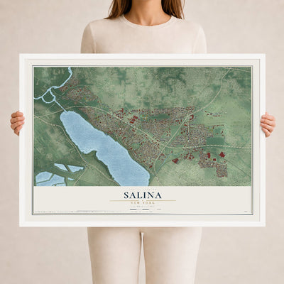 Salina, New York map print, 24" x 36" W/ White Ayous Wood Frame mockup