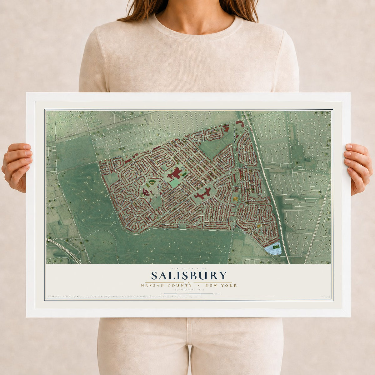 Salisbury, New York map print, 12" x 18" W/ White Ayous Wood Frame mockup