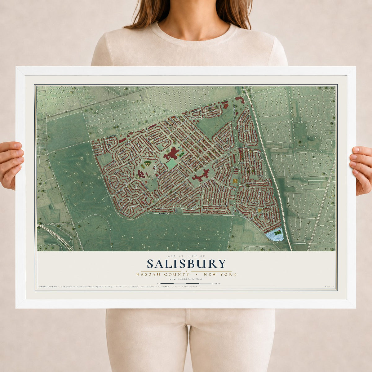 Salisbury, New York map print, 18" x 24" W/ White Ayous Wood Frame mockup