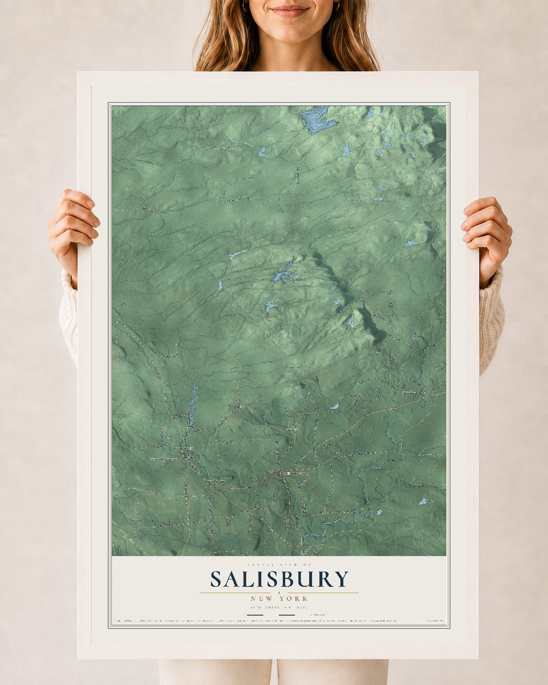 Salisbury, New York map print, 24" x 36" W/ White Ayous Wood Frame mockup