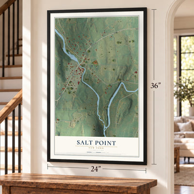 Salt Point, New York map, 24 x 36 inch print in a black frame by a staircase