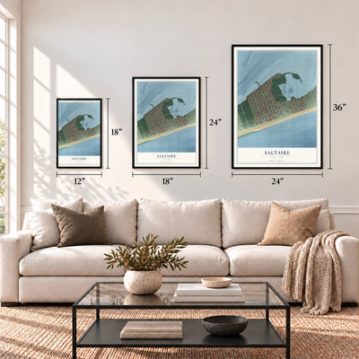 Saltaire, New York map in 12 x 18, 18 x 24 and 24 x 36 inch sizes above a sofa