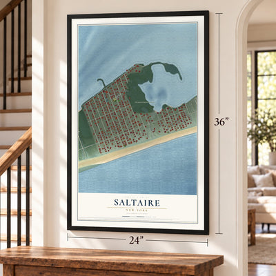 Saltaire, New York map, 24 x 36 inch print in a black frame by a staircase