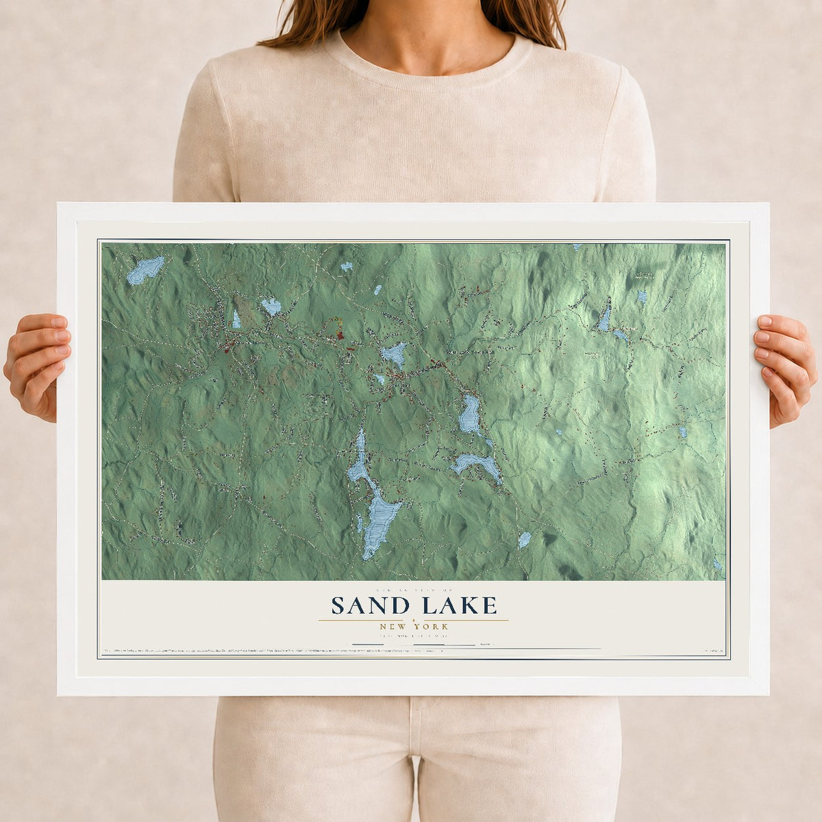 Sand Lake, New York map print, 12" x 18" W/ White Ayous Wood Frame mockup