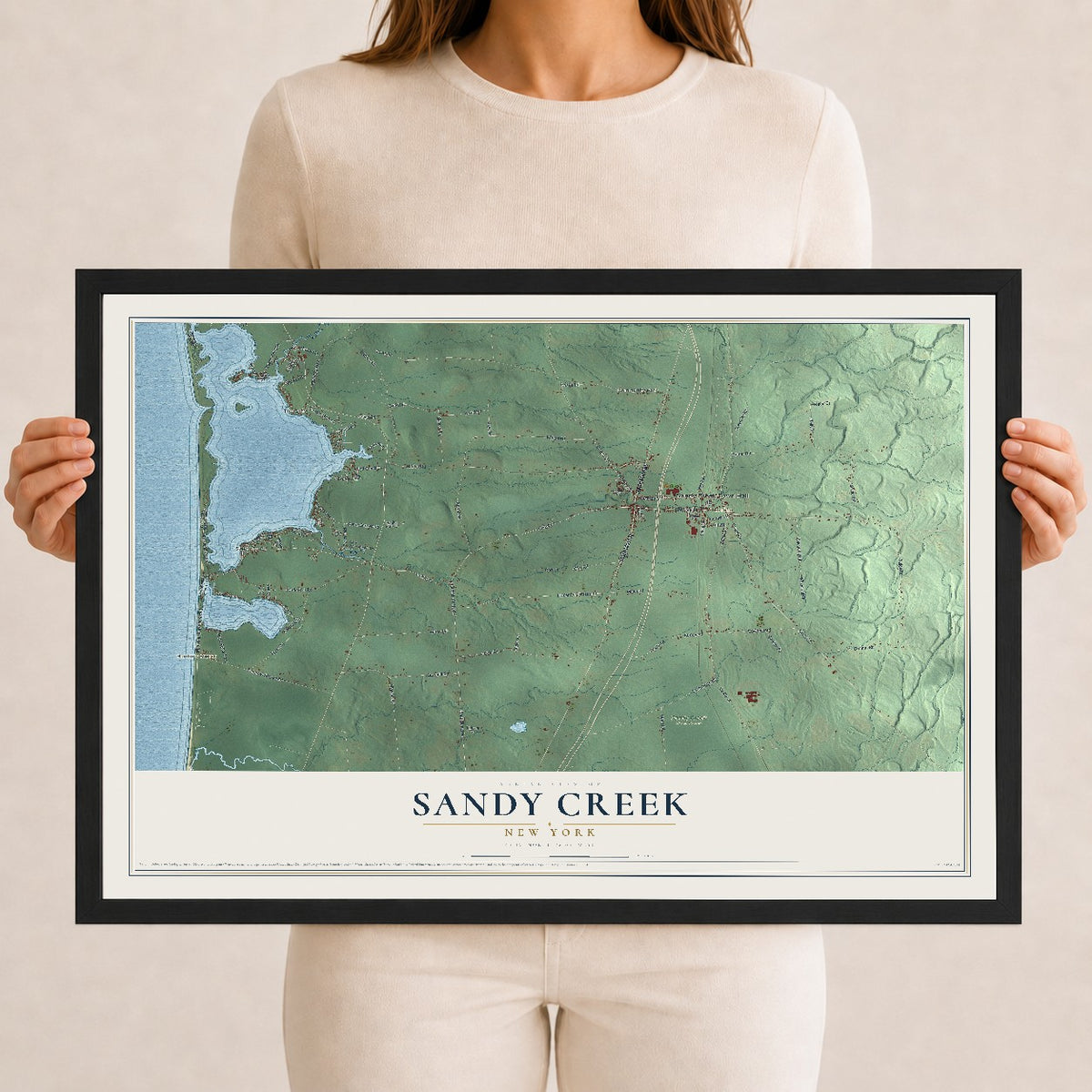 Sandy Creek, New York map print, 12" x 18" W/ Black Ayous Wood Frame mockup