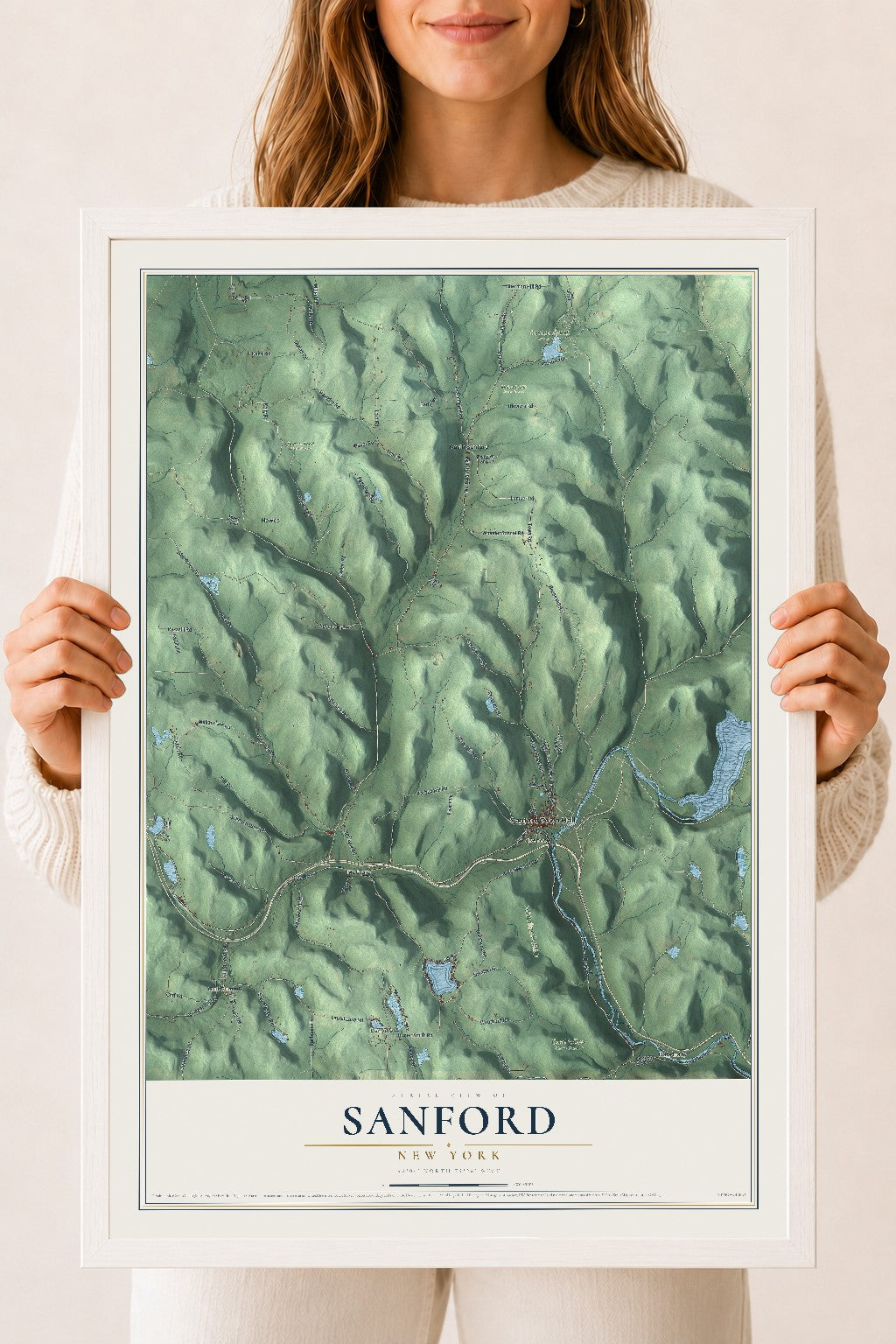 Sanford, New York map print, 18" x 24" W/ White Ayous Wood Frame mockup