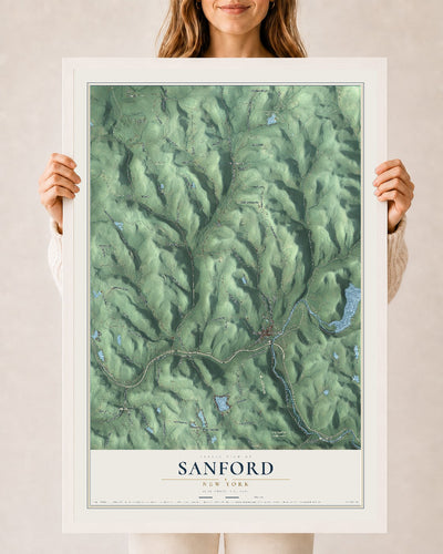 Sanford, New York map print, 24" x 36" W/ White Ayous Wood Frame mockup