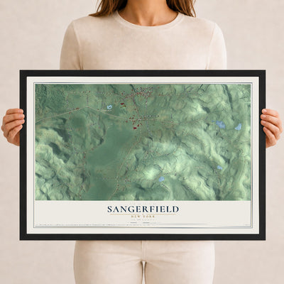 Sangerfield, New York map print, 12" x 18" W/ Black Ayous Wood Frame mockup