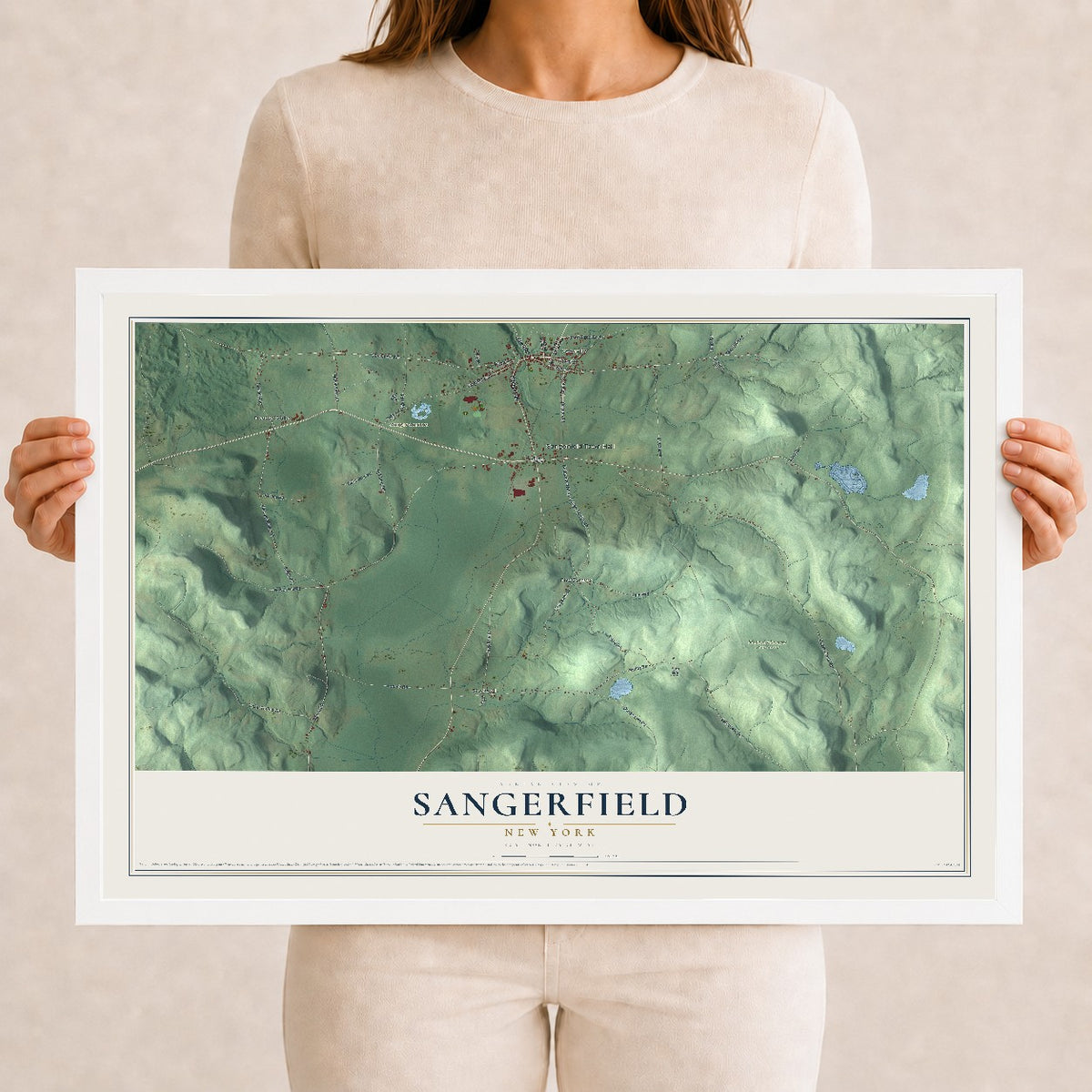 Sangerfield, New York map print, 12" x 18" W/ White Ayous Wood Frame mockup