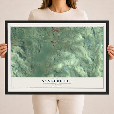 Sangerfield, New York map print, 18" x 24" W/ Black Ayous Wood Frame mockup