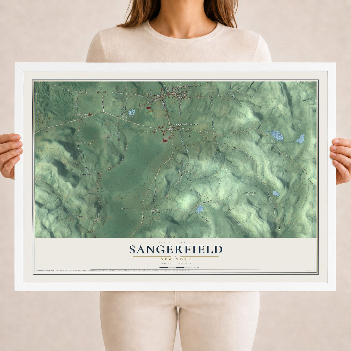 Sangerfield, New York map print, 18" x 24" W/ White Ayous Wood Frame mockup
